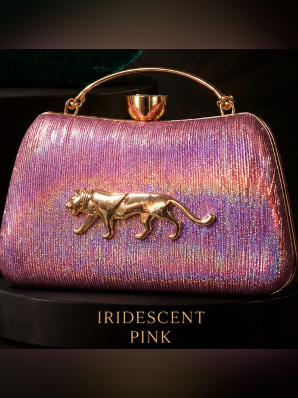 Sabyasachi Inspired Shimmering Pink Clutch with Gold Tiger Motif